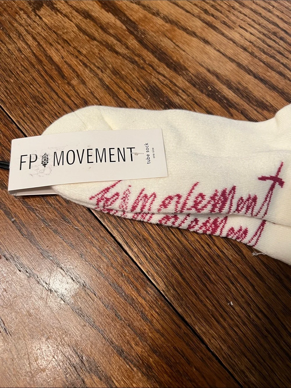 FP Movement by Free People White tube Socks with Pink Script & Navy Motif
